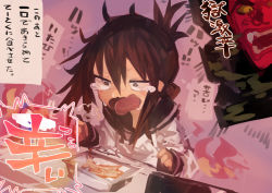Rule 34 | 1girl, absurdres, breath, brown hair, cup ramen, fire, folded ponytail, food, hair between eyes, highres, inazuma (kancolle), instant soba, kaamin (mariarose753), kantai collection, long sleeves, open mouth, ponytail, sailor collar, school uniform, serafuku, solo, tears, tongue, tongue out, translation request, yakisoba