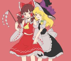 Rule 34 | 2girls, apron, blouse, blush, bow, brown eyes, brown hair, detached sleeves, flat color, gohei, grin, hair bow, hakurei reimu, hat, hat bow, holding hands, hug, hug from behind, interlocked fingers, jpeg artifacts, kirisame marisa, large bow, long hair, long skirt, multiple girls, one eye closed, puffy short sleeves, puffy sleeves, ribbon-trimmed sleeves, ribbon trim, shirt, short sleeves, skirt, skirt set, slimesushi, smile, touhou, unfinished, vest, waist apron, wide sleeves, witch hat, yuri