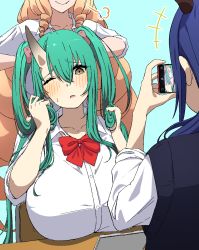 Rule 34 | +++, 3girls, ;o, alternate costume, alternate hairstyle, arknights, black vest, blonde hair, blue background, blue hair, blush, bow, bowtie, breasts, brown eyes, cellphone, ch&#039;en (arknights), closed mouth, collarbone, collared shirt, drill hair, green hair, head out of frame, highres, holding, holding phone, horns, hoshiguma (arknights), huge breasts, long hair, long sleeves, looking at another, makino, multiple girls, one eye closed, open mouth, phone, red bow, red bowtie, ringlets, shirt, sidelocks, simple background, sitting, skin-covered horns, smartphone, smile, solo focus, sweatdrop, swire (arknights), table, taking picture, twintails, upper body, very long hair, vest, white shirt