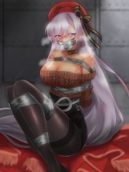 Rule 34 | 1girl, azur lane, bare shoulders, belfast (azur lane), belfast (shopping with the head maid) (azur lane), beret, black bow, black choker, black pantyhose, black skirt, blurry, blurry background, bound, bound legs, bow, breasts, brown sweater, choker, cleavage, commentary request, feet out of frame, gag, gagged, hat, hat bow, improvised gag, indoors, kaguya-san (nantyu-erosada), knees up, large breasts, long hair, long sleeves, looking at viewer, miniskirt, off-shoulder sweater, off shoulder, pantyhose, pencil skirt, purple eyes, red hat, silver hair, sitting, skirt, solo, steam, sweater, tape, tape gag, thighband pantyhose, tied up, very long hair