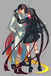 Rule 34 | 1boy, 1girl, absurdly long hair, absurdres, ahoge, black footwear, black hair, black sailor collar, black serafuku, black shirt, black skirt, black socks, blue ribbon, buttons, closed mouth, facing another, fate/grand order, fate (series), fedora, fingernails, frown, full body, gloves, grey background, grey eyes, hair between eyes, hair ribbon, hand in pocket, hand on another&#039;s shoulder, hat, unworn hat, unworn headwear, highres, holding, holding clothes, holding hat, katana, kneehighs, kneepits, koha-ace, legs apart, long hair, long sleeves, military, military uniform, miniskirt, nichi (hibi suimin), oryou (fate), pants, pink eyes, pink scarf, pleated skirt, ponytail, puffy long sleeves, puffy sleeves, ribbon, sailor collar, sakamoto ryouma (fate), scarf, school uniform, serafuku, sheath, sheathed, shirt, shoes, simple background, skirt, socks, standing, sword, uniform, very long hair, weapon, white gloves, white headwear, white pants