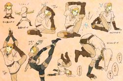 Rule 34 | 1boy, 1girl, :3, all fours, arms up, bad id, bad pixiv id, beige background, belt, blonde hair, blue eyes, bodysuit, boots, closed eyes, dancing, fairy, fingerless gloves, flexible, gloves, handstand, hat, head down, link, long sleeves, navi, nintendo, open mouth, outstretched arms, pointy ears, princess zelda, reverse trap, sheik, simple background, sitting, stretching, super smash bros., the legend of zelda, the legend of zelda: ocarina of time, the legend of zelda: skyward sword, the legend of zelda: the wind waker, the legend of zelda: twilight princess, tobacco (tabakokobata), toon link, tunic, yoga