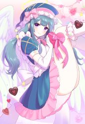Rule 34 | 1girl, absurdres, angel wings, ass, blue hair, blue hat, blue skirt, blush, bow, breasts, elbow gloves, feet out of frame, gloves, hair ornament, hat, hat bow, heart, highres, kkokko, kneehighs, legs up, long hair, looking at viewer, monster strike, pink background, pink bow, puffy sleeves, purple eyes, raphael (monster strike), sitting, skirt, smile, socks, solo, star (symbol), star hair ornament, valentine, very long hair, white gloves, white socks, white wings, wings