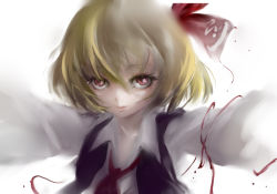 Rule 34 | 1girl, blonde hair, hair ornament, hair ribbon, hi-yo, long sleeves, looking at viewer, necktie, outstretched arms, red eyes, ribbon, rumia, short hair, solo, spread arms, touhou, vest