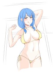 Rule 34 | 1girl, :q, absurdres, arm behind head, armpits, azurcentauri, bad id, bad pixiv id, bikini, blue hair, blush, breasts, cameltoe, commentary request, derivative work, covered erect nipples, grey eyes, heart, heart-shaped pupils, highres, large breasts, long hair, looking at viewer, low twintails, micro bikini, mole, mole on breast, mole under mouth, navel, original, side-tie bikini bottom, smile, solo, swimsuit, symbol-shaped pupils, tongue, tongue out, twintails, yellow bikini