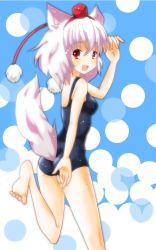 Rule 34 | 1girl, animal ears, ass, bad id, bad pixiv id, barefoot, breasts, female focus, hat, inubashiri momiji, looking back, nomutarou, one-piece swimsuit, red eyes, school swimsuit, short hair, solo, swimsuit, tail, tokin hat, touhou, white background, white hair, wolf ears, wolf tail