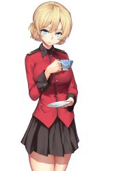 Rule 34 | 10s, 1girl, absurdres, bad id, bad pixiv id, black skirt, blonde hair, blue eyes, cup, darjeeling (girls und panzer), girls und panzer, highres, huai diao de zongzi, jacket, looking at viewer, military, military jacket, military uniform, miniskirt, red jacket, short hair, simple background, skirt, smile, solo, teacup, uniform, white background