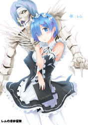 Rule 34 | 10s, 1girl, absurdres, apron, bare shoulders, blue eyes, blue hair, blush, breasts, cleavage, contrapposto, cowboy shot, crossover, death note, death note (object), detached sleeves, earrings, fangs, frilled sleeves, frills, hair ornament, hair over one eye, hair ribbon, highres, hoop earrings, jewelry, looking at viewer, maid, maid headdress, name connection, purple lips, purple ribbon, re:zero kara hajimeru isekai seikatsu, rem (death note), rem (re:zero), ribbon, ribbon-trimmed clothes, ribbon-trimmed sleeves, ribbon trim, shinigami, short hair, smile, standing, sukai makatsu, thighhighs, underbust, waist apron, white thighhighs, x hair ornament, yellow eyes