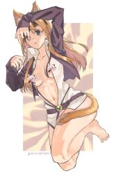 Rule 34 | 1girl, animal ears, barefoot, belt, black jacket, blue eyes, breasts, cat ears, cat tail, censored, center opening, collarbone, eyepatch, fate/grand order, fate (series), heterochromia, jacket, long hair, looking at viewer, medium breasts, mitsurugi sugar, navel, novelty censor, okita souji (fate), okita souji (koha-ace), open clothes, open jacket, open shirt, ophelia phamrsolone, parted lips, red eyes, shirt, solo, tail, white shirt