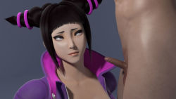 Rule 34 | 1boy, 1girl, 20s, 3d, artist name, black hair, blender (medium), blunt bangs, bodysuit, capcom, catsuit, clothed female nude male, disappointed, dpmaker, drill hair, erection, face, grey background, han juri, hetero, high collar, highres, kneeling, looking at another, multicolored bodysuit, multicolored clothes, nude, penis, pink bodysuit, pink eyes, purple bodysuit, rolling eyes, short hair, sidelocks, simple background, small penis, solo focus, standing, street fighter, street fighter v, testicles, twin drills, uncensored