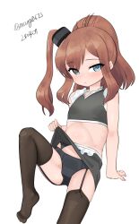Rule 34 | 1girl, absurdres, aged down, apron, black panties, black thighhighs, brown hair, crop top, dated, flat chest, frilled apron, frilled shirt, frills, garter straps, grey eyes, grey shirt, grey skirt, high side ponytail, highres, kantai collection, long hair, looking at viewer, maru (marg0613), midriff, panties, ponytail, saratoga (kancolle), shirt, side ponytail, sidelocks, simple background, sitting, skirt, smokestack, smokestack hair ornament, solo, thighhighs, twitter username, underwear, waist apron, white apron, white background