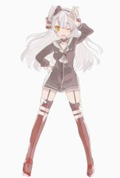 Rule 34 | 10s, 1girl, ;d, agu, amatsukaze (kancolle), bad id, bad twitter id, blonde hair, fang, full body, garter straps, hand on own hip, hat, kantai collection, long hair, looking at viewer, one eye closed, open mouth, red thighhighs, school uniform, serafuku, silver hair, simple background, smile, solo, thighhighs, twintails, two side up, v, white background