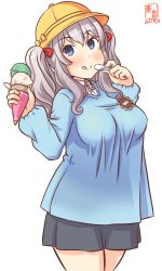 Rule 34 | 1girl, :q, alternate costume, artist logo, blue shirt, cowboy shot, dated, food, grey eyes, hat, highres, holding, holding food, ice cream cone, kanon (kurogane knights), kantai collection, kashima (kancolle), kindergarten uniform, licking lips, long hair, long sleeves, looking at viewer, name tag, one-hour drawing challenge, school hat, shirt, sidelocks, silver hair, simple background, smile, solo, standing, tongue, tongue out, twintails, wavy hair, white background