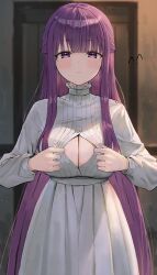Rule 34 | 1girl, blunt bangs, blush, breasts, button gap, cleavage, dress, fern (sousou no frieren), highres, large breasts, long hair, long sleeves, looking at viewer, purple eyes, purple hair, sidelocks, solo, sonchi, sousou no frieren, thighs, white dress