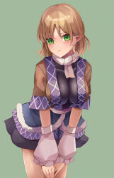 Rule 34 | 1girl, absurdres, arm warmers, black skirt, blonde hair, blush, breasts, brown shirt, closed mouth, cowboy shot, green background, green eyes, highres, koizumo, large breasts, leaning forward, looking at viewer, mizuhashi parsee, pointy ears, scarf, shirt, short hair, short sleeves, simple background, skirt, solo, touhou, undershirt, white scarf