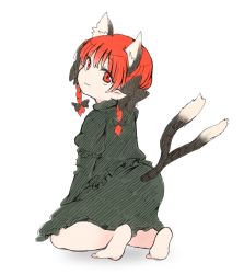 Rule 34 | 1girl, animal ears, ass, barefoot, bow, braid, cat ears, cat tail, dress, extra ears, forked tail, hair bow, kaenbyou rin, nanana (chicken union), nekomata, pointy ears, red eyes, red hair, solo, tail, touhou, twin braids