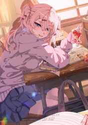 Rule 34 | 1girl, 1other, bag, blush, book, bow, breast rest, breasts, chair, chocolate, classroom, commentary, cowboy shot, desk, eraser, food, gift, hair between eyes, hair bow, hair ornament, hair over one eye, hairclip, highres, holding, holding chocolate, holding food, holding gift, large breasts, lens flare, light particles, light rays, long hair, looking at viewer, mechanical pencil, mole, mole under eye, notebook, on chair, on desk, open book, open mouth, original, pencil, pink eyes, pink hair, pleated skirt, sakatsuki yakumo, school bag, school chair, school desk, school uniform, sitting, skirt, smile, solo focus, symbol-only commentary, twintails, valentine, window