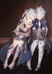 Rule 34 | 1boy, 1girl, alisaie leveilleur, alphinaud leveilleur, boots, brother and sister, earrings, elezen, elf, closed eyes, final fantasy, final fantasy xiv, gloves, head on another&#039;s shoulder, jewelry, long coat, long hair, pointy ears, rue (ruenis chronowing), siblings, sitting, sleeping, smile, white hair