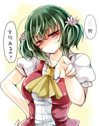 Rule 34 | 1girl, alternate hairstyle, ascot, blush, breasts, flower, green hair, hair flower, hair ornament, highres, kazami yuuka, large breasts, looking at viewer, mimoto (aszxdfcv), red eyes, short hair, solo, touhou, twintails