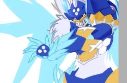 Rule 34 | armor, digimon, digimon (creature), hexeblaumon, ice, red eyes, simple background, solo, white background