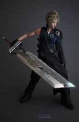 Rule 34 | 00s, 1990s (style), 1boy, 3d, blonde hair, cloud strife, final fantasy, final fantasy vii, final fantasy vii advent children, full body, fusion swords, gloves, gradient background, highres, huge weapon, male focus, retro artstyle, scarf, solo, sword, weapon, wen jr