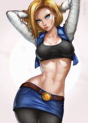 Rule 34 | 1girl, abs, adjusting hair, android 18, arms behind head, arms up, belt, blonde hair, blue eyes, breasts, cleavage, contrapposto, crop top, cropped jacket, dandon fuga, dragon ball, dragonball z, earrings, jewelry, large breasts, looking at viewer, midriff, navel, pantyhose, pencil skirt, realistic, short hair, skirt, solo, standing, stomach, toned, torn clothes, torn sleeves