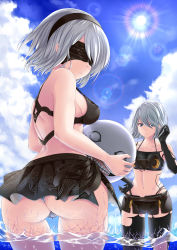 Rule 34 | 2girls, absurdres, adapted costume, alternate hair length, alternate hairstyle, android, ass, ayakase hotaru, back, bare arms, bare legs, bare shoulders, belt, bikini, bikini skirt, bikini under clothes, black bikini, black gloves, black hairband, black shorts, blindfold, blue sky, blush, breasts, cleavage, closed mouth, cloud, cloudy sky, commentary request, cowboy shot, day, elbow gloves, emil (nier), eyelashes, fingernails, from behind, front-tie bikini top, front-tie top, gloves, groin, hair between eyes, hairband, hand in own hair, hand to head, highleg, highleg bikini, highres, holding, joints, legs apart, lens flare, light rays, long hair, looking at viewer, looking back, medium breasts, midriff, mismatched bikini, mole, mole under mouth, multiple girls, navel, nier:automata, nier (series), ocean, outdoors, parted lips, partially submerged, patterned clothing, pink lips, print bikini, robot joints, ruffling hair, short hair, short shorts, shorts, shoulder blades, silver hair, sky, small breasts, splashing, standing, string bikini, sun, sunbeam, sunlight, swimsuit, teeth, thighhighs, thong, twisted torso, wading, water, wet, white bikini, 2b (nier:automata), a2 (nier:automata)