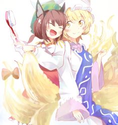 Rule 34 | 2girls, animal ears, blonde hair, blush, bow, brown hair, cat ears, chen, closed eyes, colorized, dress, fang, fox ears, fox tail, hair brush, hat, japa, long sleeves, looking at another, md5 mismatch, mob cap, multiple girls, multiple tails, open mouth, resized, ribbon, shirt, short hair, simple background, sketch, skirt, skirt set, smile, tabard, tail, tail ornament, tail ribbon, touhou, vest, white background, white dress, wide sleeves, yakumo ran