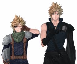 Rule 34 | 2boys, aged down, aged up, aqua eyes, armor, asymmetrical armor, bare shoulders, beckey9415, black gloves, black shirt, blonde hair, blue eyes, blue pants, blue shirt, brown gloves, chest strap, cloud strife, collarbone, crisis core final fantasy vii, crying, final fantasy, final fantasy vii, final fantasy vii advent children, gloves, hair between eyes, hand on own face, harness, helmet, high collar, highres, holding, holding helmet, looking at hand, male focus, multiple boys, muscular, muscular male, one eye closed, open collar, pants, shinra infantry uniform, shirt, short hair, shoulder armor, sleeveless, sleeveless shirt, spiked hair, square enix, upper body, white background