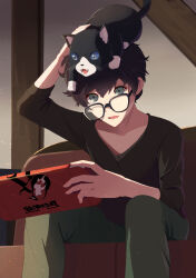 Rule 34 | 1boy, absurdres, amamiya ren, animal, animal on head, black-framed eyewear, black hair, blue eyes, blue shirt, casual, cat, cat on head, commentary request, couch, fangs, feet out of frame, glasses, green pants, grey eyes, hair between eyes, handheld game console, highres, holding, holding handheld game console, indoors, light particles, long sleeves, looking at viewer, looking down, morgana (persona 5), nintendo switch, on couch, on head, open mouth, pants, persona, persona 5, persona 5 the royal, shirt, short hair, sidelighting, sitting, solo, teeth, wavy hair, yasuba yuichi