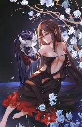 Rule 34 | 1boy, 1girl, bare shoulders, barefoot, black dress, black gloves, black hair, breasts, cleavage, closed mouth, collarbone, dress, elbow gloves, faicha, fate/grand order, fate (series), flower, gloves, highres, holding head, large breasts, long hair, midriff, multicolored clothes, multicolored dress, red dress, red eyes, revealing clothes, rose, severed head, stomach, strapless, strapless dress, underboob, white flower, white rose, xiang yu (fate), yu mei-ren (fate)