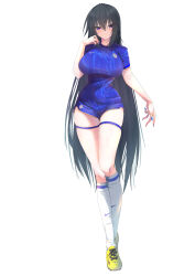 1girl absurdres arm_at_side black_hair blue_eyes blue_nails blue_shirt blue_shorts boots breasts chelsea_fc closed_mouth commentary_request crossed_legs curled_fingers eyebrows_hidden_by_hair eyelashes eyes_visible_through_hair fingernails full_body hachimitsu_shitate hair_between_eyes hand_up highres kneehighs knees lace-up_boots large_breasts light_blush long_fingernails long_hair looking_at_viewer nike_(company) original partial_commentary premier_league shin_guards shin_guards_under_legwear shirt short_shorts short_sleeves shorts simple_background smirk soccer soccer_uniform socks solo sportswear standing thigh_strap thighs tight_clothes tsurime very_long_hair watson_cross white_background white_socks yellow_boots