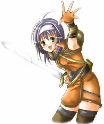 Rule 34 | 1girl, elbow gloves, fire emblem, fire emblem: path of radiance, fire emblem: radiant dawn, gloves, green eyes, lowres, mia (fire emblem), nintendo, purple hair, solo, sword, thighhighs, weapon