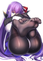 Rule 34 | 1girl, ass, bb (fate), bb (fate/extra), black pantyhose, blush, breasts, cape, covered mouth, fate/grand order, fate (series), feet, gloves, hair ribbon, hugging own legs, iro ame (amewaagada), knees up, large breasts, long hair, looking at viewer, no shoes, pantyhose, purple eyes, purple hair, red ribbon, ribbon, shirt, simple background, sitting, skirt, soles, solo, thighband pantyhose, toes, underwear, very long hair, white background, white gloves