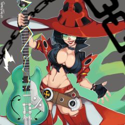 Rule 34 | bob cut, breasts, cleavage, electric guitar, fingerless gloves, gloves, green-tinted eyewear, green-tinted glasses, guilty gear, guilty gear strive, guitar, hat, highres, i-no, instrument, looking at viewer, midriff, red lips, smile, solo, sunglasses, tinted eyewear, venus symbol