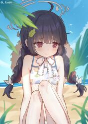 Rule 34 | 1girl, ahoge, armpit crease, bare shoulders, beach, bikini, black hair, blue archive, blue sky, blunt bangs, blurry, blurry background, blush, bow, bowtie, braid, bright pupils, closed mouth, cloud, cloudy sky, collarbone, commentary, dot nose, flat chest, flying sweatdrops, foreshortening, frown, grass, grey halo, halo, hat, hat on back, unworn headwear, highres, leaf, leaf on head, leaf print, long hair, looking to the side, low twin braids, luna (luna610), midriff, miyu (blue archive), miyu (swimsuit) (blue archive), ocean, official alternate costume, official alternate hairstyle, outdoors, red eyes, single hair intake, sky, split mouth, straw hat, sweat, sweatdrop, swimsuit, tree, twin braids, twitter username, upper body, white bow, white bowtie, white pupils