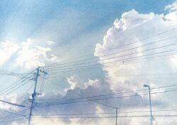 Rule 34 | absurdres, blue sky, cloud, cloudy sky, highres, lamppost, nature, no humans, original, outdoors, painting (medium), power lines, sky, sky focus, toyonaga ryouhei, traditional media, utility pole