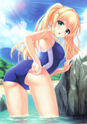 Rule 34 | 1girl, :d, absurdres, adjusting clothes, adjusting swimsuit, blonde hair, blue sky, blue one-piece swimsuit, blush, cloud, day, green eyes, hair ornament, highres, leaning forward, lens flare, long hair, looking at viewer, nagayama yuunon, one-piece swimsuit, open mouth, outdoors, school swimsuit, sky, smile, solo, summer pockets, sunlight, swimsuit, tsumugi wenders, twintails, very long hair, wading, x hair ornament