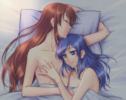 Rule 34 | 2girls, aikatsu!, aikatsu! (series), arm up, bed, bed sheet, blue eyes, blue hair, grabbing another&#039;s breast, breasts, brown hair, closed eyes, closed mouth, collarbone, commentary request, convenient censoring, couple, covering privates, female focus, fervent idiot, grabbing, hair censor, hair down, hand up, hug, kiriya aoi, long hair, looking at another, lying, multiple girls, neck, nude, nude cover, on back, parted lips, pillow, shibuki ran, sleeping, small breasts, swept bangs, under covers, upper body, yuri