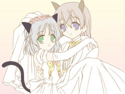 Rule 34 | 00s, 2girls, bride, cat girl, dress, eila ilmatar juutilainen, formal, lowres, multiple girls, pant suit, pants, sanya v. litvyak, strike witches, suit, wedding, wedding dress, world witches series