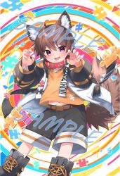 Rule 34 | 1boy, absurdres, animal ears, blush, boots, brown hair, collar, dog boy, dog ears, dog tail, ezumomo, highres, indie virtual youtuber, inumi ruku, jacket, long sleeves, looking at viewer, male focus, multicolored background, official art, open mouth, orange shirt, pink eyes, shirt, short hair, shorts, solo, tail, virtual youtuber