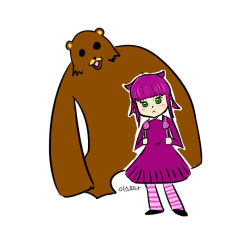 Rule 34 | 1girl, annie (league of legends), backpack, bag, child, green eyes, ispina, league of legends, looking at viewer, pantyhose, pedobear, purple hair, randoseru, simple background, striped clothes, striped pantyhose, tibbers, white background