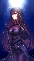 Rule 34 | 1girl, bad id, bad pixiv id, bodysuit, fate/grand order, fate (series), highres, long hair, pantsu (lootttyyyy), polearm, purple bodysuit, purple hair, red eyes, scathach (fate), scathach (fate), solo, spear, staff, veil, weapon