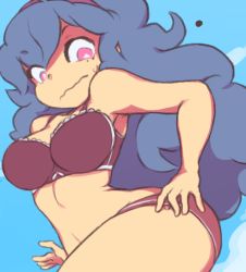 Rule 34 | 1girl, alternate breast size, bad id, bad twitter id, bare shoulders, big hair, blue background, blue hair, blue sky, bra, breasts, brown bra, brown panties, closed mouth, cloud, collarbone, creatures (company), day, female focus, game freak, hairband, hex maniac (pokemon), large breasts, long hair, looking down, lowres, navel, nintendo, npc trainer, outdoors, panties, pink eyes, pokemon, pokemon xy, purple hairband, simple background, sky, solo, standing, starmilk, sweat, underwear, underwear only, wavy mouth, wide hips