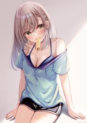 Rule 34 | 1girl, arm support, black shorts, blue shirt, blush, breasts, brown hair, cleavage, closed mouth, collarbone, commentary request, dripping, food, food in mouth, green eyes, hair between eyes, long hair, looking at viewer, medium breasts, mouth hold, off shoulder, original, popsicle, sakura hiyori, shirt, short shorts, short sleeves, shorts, sitting, solo, twitter username