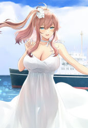 Rule 34 | 1girl, absurdres, blue eyes, blush, breasts, brown hair, cleavage, collarbone, day, dress, hair between eyes, highres, kantai collection, large breasts, long hair, odachu, open mouth, saratoga (kancolle), see-through silhouette, ship, side ponytail, signature, sleeveless, sleeveless dress, smile, solo, sundress, upper body, watercraft, white dress