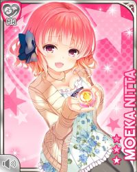Rule 34 | 1girl, blue ribbon, bow, candle, card, coat, dress, fire, girlfriend (kari), holding, jacket, jar, leggings, light, lighter, looking at viewer, nitta moeka, official art, open mouth, pink background, pink hair, purple eyes, qp:flapper, ribbon, short hair, smile, solo, standing, tagme, white dress, winter clothes, winter coat