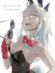 Rule 34 | 1girl, :d, ahoge, animal ears, bare shoulders, black leotard, blind, bow, bowtie, breasts, cleavage, collarbone, commentary, detached collar, unworn eyewear, fake animal ears, gift art, gloves, grey eyes, hand up, helltaker, highres, holding, holding removed eyewear, justice (helltaker), leotard, long hair, looking at viewer, medium breasts, noah (tettsui-sole), open mouth, playboy bunny, rabbit ears, rabbit tail, red gloves, shiny clothes, simple background, smile, solo, sunglasses, tail, teeth, tongue, upper teeth only, white background, white hair, wrist cuffs
