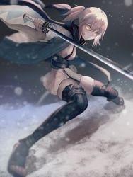 Rule 34 | 1girl, absurdres, alternate hairstyle, black scarf, black thighhighs, blonde hair, blush, breasts, camellia (s kamellia), closed mouth, commentary request, fate/grand order, fate (series), floating hair, hair between eyes, haori, highres, holding, holding sword, holding weapon, japanese clothes, katana, kimono, koha-ace, looking at viewer, medium breasts, obi, official alternate hairstyle, okita souji (fate), okita souji (koha-ace), open mouth, ponytail, sash, scarf, serious, shinsengumi, short hair, short ponytail, sideboob, sidelocks, sleeveless, sleeveless kimono, snow, snowing, solo, sword, thighhighs, thighs, weapon, white kimono, wide sleeves, yellow eyes, zettai ryouiki