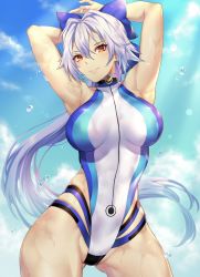 Rule 34 | 1girl, armpits, arms behind head, arms up, blue bow, blue one-piece swimsuit, blue sky, blush, bow, breasts, competition swimsuit, fate/grand order, fate (series), hair between eyes, hair bow, highleg, highleg swimsuit, highres, large breasts, long hair, looking at viewer, nasaniliu, one-piece swimsuit, ponytail, red eyes, silver hair, sky, smile, swimsuit, thighs, tomoe gozen (fate), tomoe gozen (swimsuit saber) (fate), tomoe gozen (swimsuit saber) (first ascension) (fate), two-tone swimsuit, white one-piece swimsuit